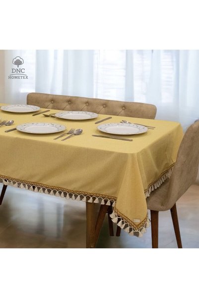 DNC home tekstil Premium Sarı Keten Kahverengi Şeritli Masa Örtüsü