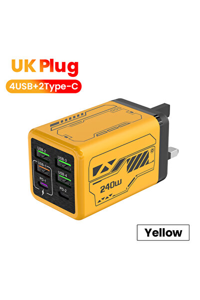 Choice شاحن هاتف محمول أصفر اللون، بقوة 240 واط، مزود بـ 6 منافذ (4 منافذ USB...