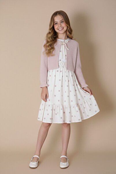 Cansın Mini Pink Bolero Flower Patterned Belted Girl's Dress Set 23504