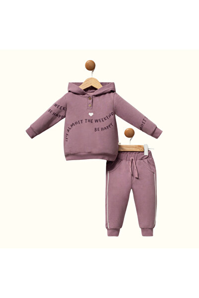 Moi Noi Kız Çocuk %100 Pamuk Baskılı Mürdüm Kapüşonlu Eşofman Takımı 2'li 676286