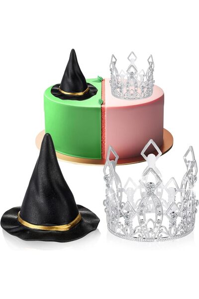 Choice 2pcs Witch Theme Party Cake Decoration Silver Crown Black Witch Hat Ca...