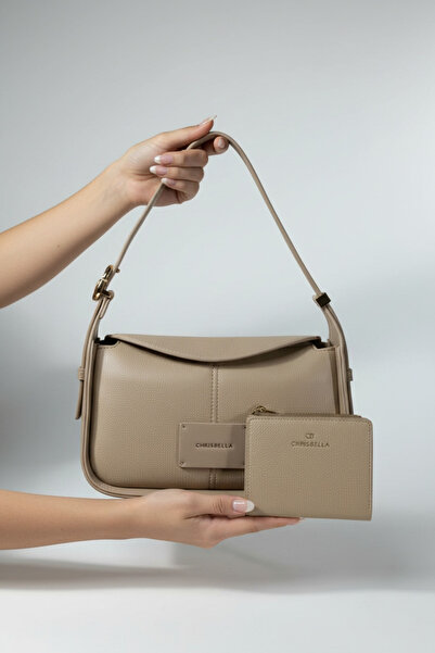 Chrisbella Beige Cream Luxury Shoulder Bag with Adjustable Sling & Matching W...