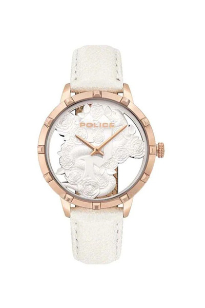 Police ساعة مارييتاس التناظرية ذات المينا البيضاء والسوار الجلدي الأبيض للنساء