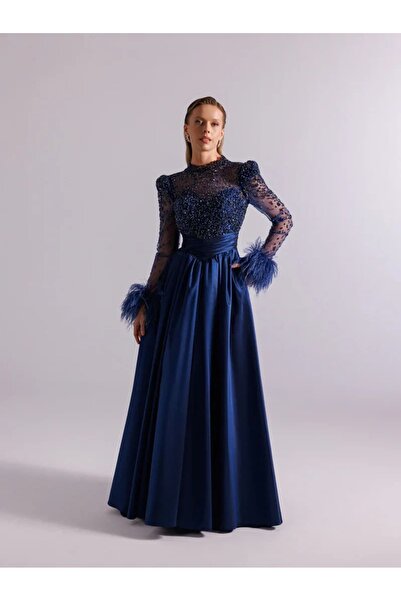 Kenzel Stone Embroidered Long Sleeve Evening Dress – Tulle Top, Feather and S...