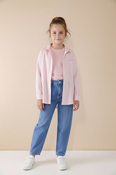 Cansın Mini Ροζ ριγέ πουκάμισο με παντελόνι για κορίτσια 3 τεμαχίων 23507