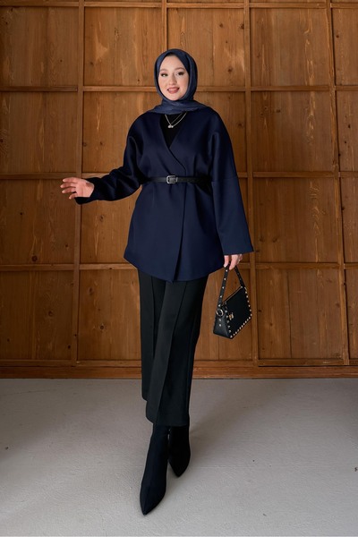 Rimel Moda Oxford Belted Jacket Navy Blue