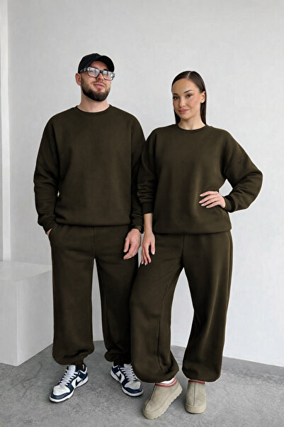 YAKAMEL Unisex Khaki Cycling Necklined Sweatshirt Set Suitable for Couples (S...