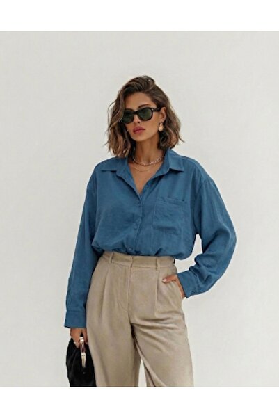 Passion Moda Evi Mavi Oversize Casual Gömlek