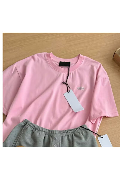 Alo Loose T-shirt-Round Neck Short Sleeve-Summer Short Sleeve (Pink)