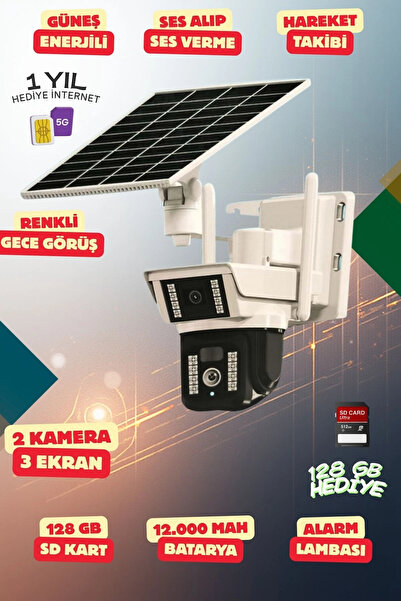 4K SimKartlı Güneş Enerjili 3 Kameralı Güvenlik Kamerası Renkli Gece Görüş Sesli 360 Derece W05