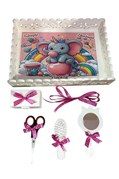 Inovius Tavita Turta cu 6 Piese - Elefant si Curcubeu - TPT62 Alb cu Roz Inchis