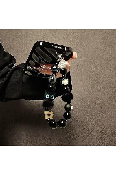 JETTING Black ♥Niche Black Plush Cat Phone Strap Beaded Hand Chain Wrist Stra...