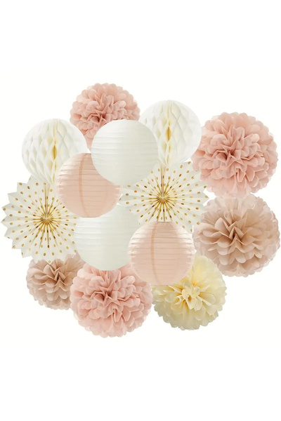Choice 11 قطعة من زهور ورقية بلون الشمبانيا الذهبي والبيج، كرات بوم بوم، فانو...