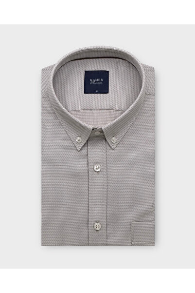 KAMER Regular Fit Long Sleeve Buttoned Collar Dobby Ecru Shirt 4070Ek