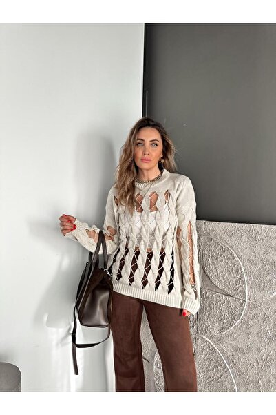 Zerrincan Giyim Taş Saç Örgülü Delikli Kazak