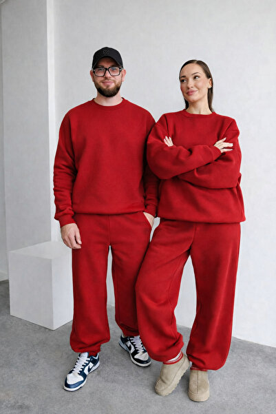 BayBayan Unisex Red 3-Ply Fabric Sweatshirt and Sweatpants Set Suitable for t...