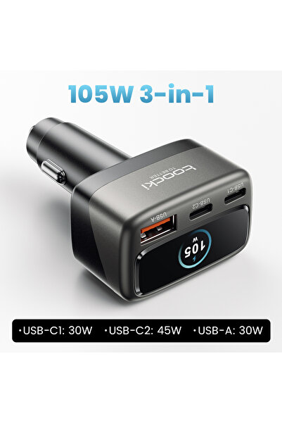 Toocki Gray 105W 3-in-1 Car Charger PD 45W 30W PPS Fast Charging Type C Displ...