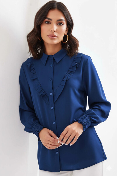 hazelin Women's Navy Blue Ruffle Detailed Long Sleeve Stylish Shirt Hzl25W-Bd...