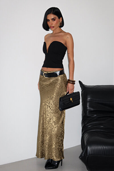 VİSKALİ Flok Baskılı Midi Boy Saten Gold Haki Etek