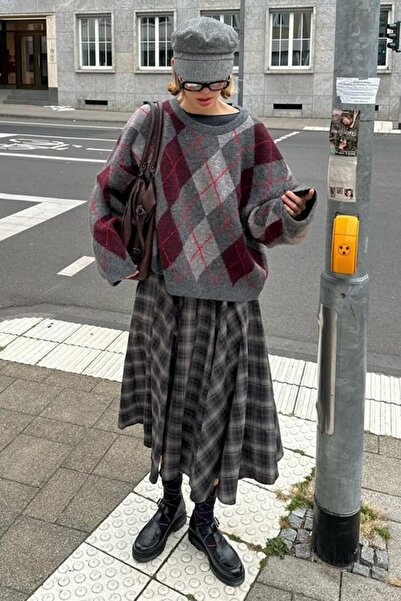 Seeh Anthracite Diamond Patterned Knitwear Women's Sweater Sh344