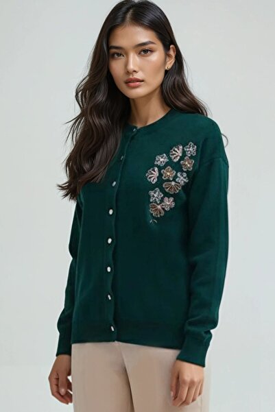 Trend Alaçatı Stili Women's green embroidered knit cardigan alc-x14755