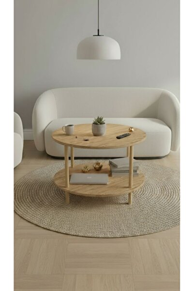 Macco Mobilya Yuvarlak 2 Katlı Ahşap Orta Sehpa - Çok Amaçlı Salon Sehpası