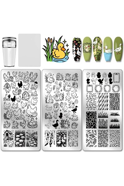 Choice AECH011-02606 3 قطع لوحة ختم أظافر بتصميم دجاج وبط، قالب طباعة فنية بن...