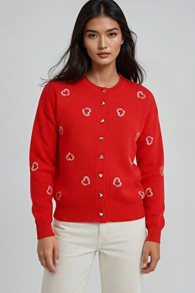 Trend Alaçatı Stili Women's red bicycle collar heart embroidered knit cardiga...