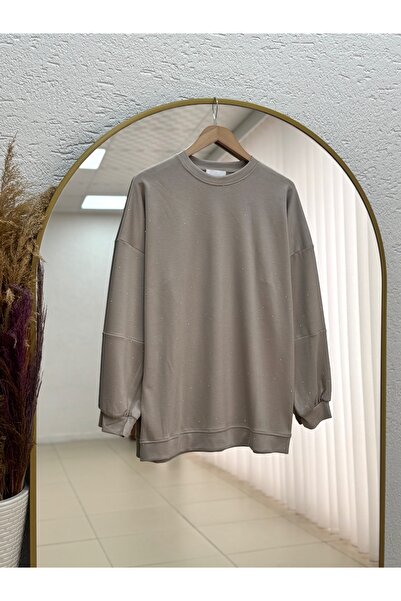 MİHRA STORE Alara Full Stone Oversized Tunic-Na829 Mink