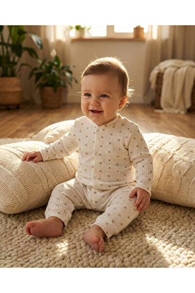 Noone Unisex Baby Ecru Corded Fabric Cotton Paw Patterned Full Length Jumpsui...