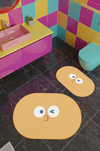 Chilai Home Stranger Face Turuncu 2 li Banyo Paspas Seti Takımı, Kaydırmaz Ta...