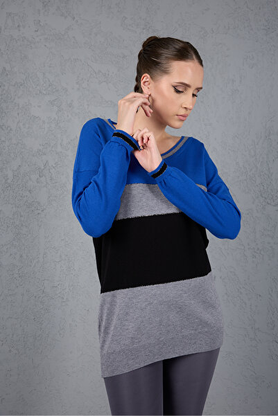 Moda Days Women's Cobalt -Gray Color Block Glitter Piped V-Neck Knitwear Blouse