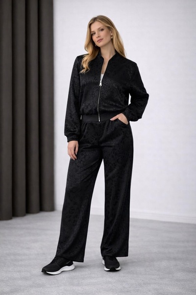 Ded COLLECTION Women's Leopard Print Jacquard Satin Zipper Jacket and Wide Le...