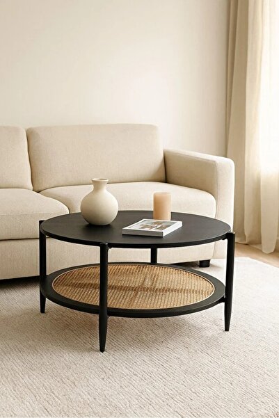 NZONE STORE Wood grain coffee table with round bamboo storage shelf, 80*45