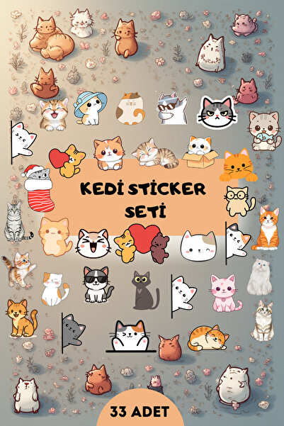 Hanelia Art Kedi Sticker Seti 33 Adet – Sevimli Kedi Çıkartmaları | Defter, L...