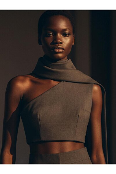 RİVUS Asymmetrical Shawl Detailed Crop Blouse - Gray