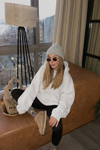 YAKAMEL قبعة نسائية بيضاء مبطن بالصوف بوصة ناعمة كبيرة الحجم بغطاء رأس EATSHIRT