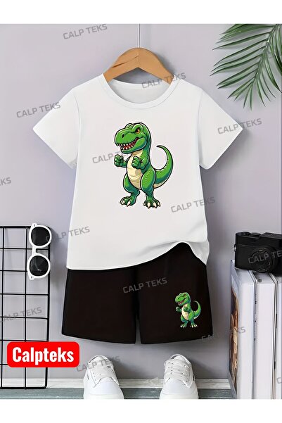 CALP TEKS SET PENTRU COPII CU IMPRIMARE DINOZAU, PANTALONI SCURTĂ, TRIUC