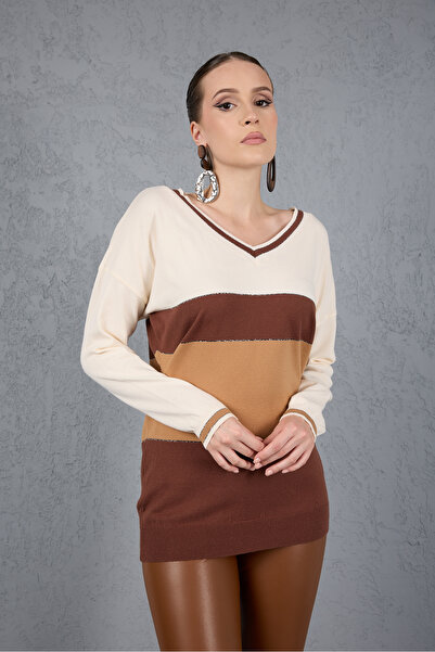 Moda Days Women's Ecru-Brown Color Block Glitter Piped V-Neck Knitwear Blouse