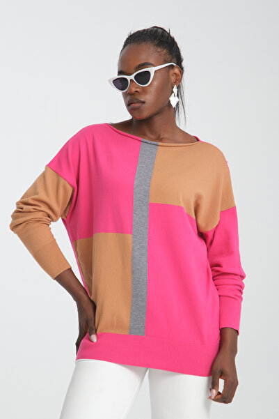 Moda Days Women's Fuchsia-Beige Color Block Boat Neck Knitwear Blouse