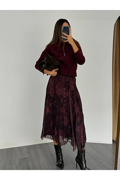 Coral Bağcıklı Desenli Kraslı Etek De251115 Mürdüm