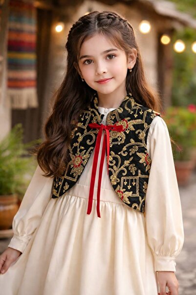 La reina petite A cream-colored dress with a velvet jacket, perfect for the a...