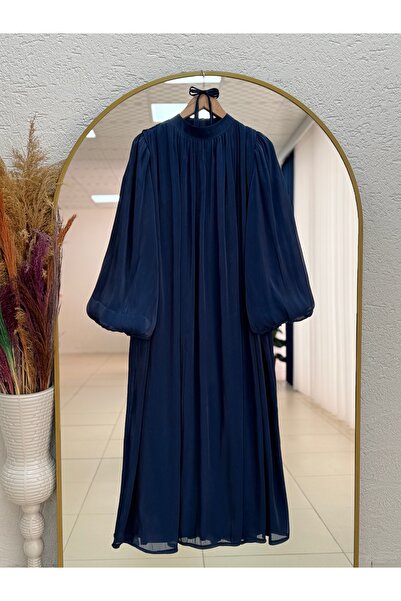BENAHOLL Rüveyda Balloon Sleeve Gathered Organized Dress-Ek730 Navy Blue