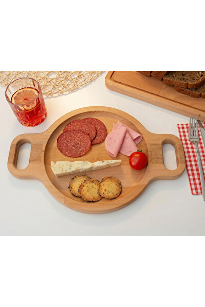 WOODHAUS Masif Ahşap Yuvarlak Supla & Sunum Tabağı – Çift Saplı Doğal Ahşap S...