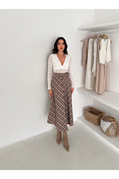 Ozy Fashion Cream Color Belted, Buttoned Front, Plaid Patterned Transitional ...