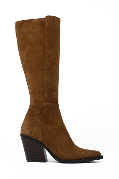 RABU Tan Suede Women's Thick Heeled Zippered Cowboy Boots-Western