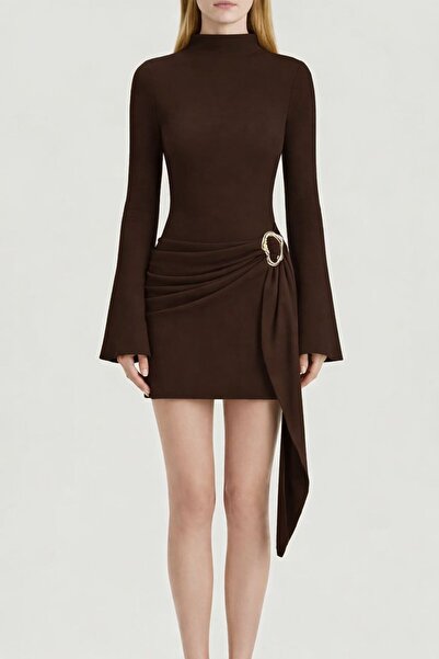 MYCPARL Women's Mock Neck Buckle Detailed Belted Slim Fit Mini Design Dress