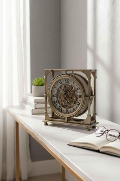 ROSSEV Roma Rakamlı Eskitme Gold Kare Çerçeve Çarklı Masa Saati