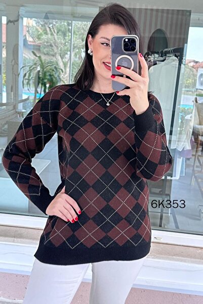 İnce Topuk Crew Neck Diamond Patterned Knitwear Blouse 6K353
