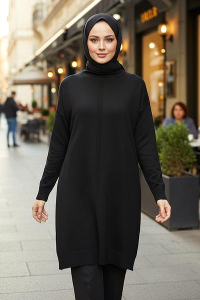 Lale Butik Stripe Detail Knitwear Tunic 34052 Black